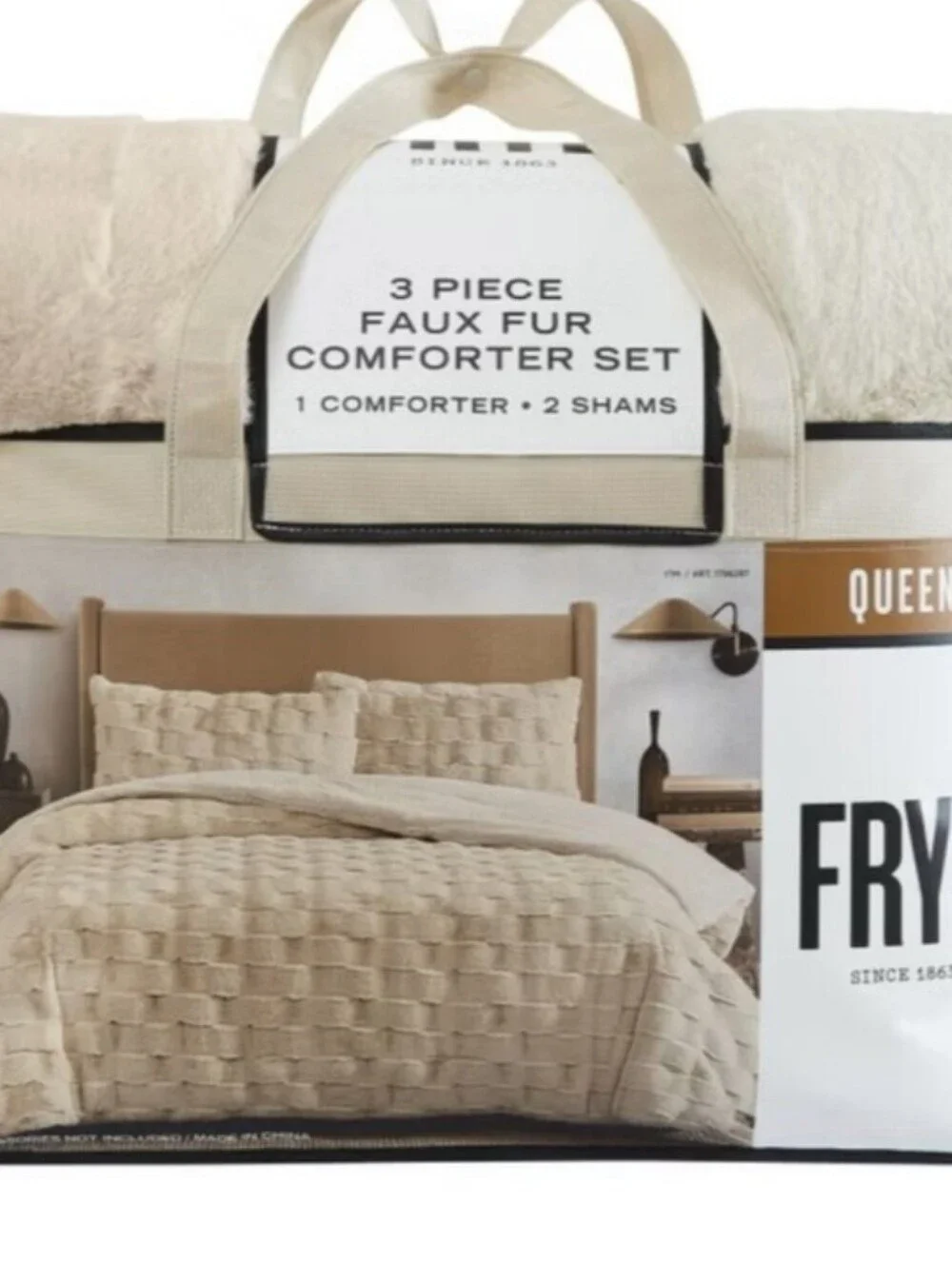 FRYE King Luxury Bubble Faux Fur Comforter 3 Piece Set, Cream Reversible